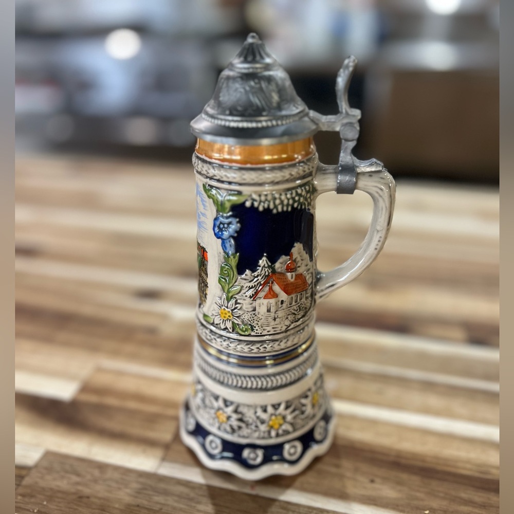 Decorative Ceramic Beer Stein with Village Scene